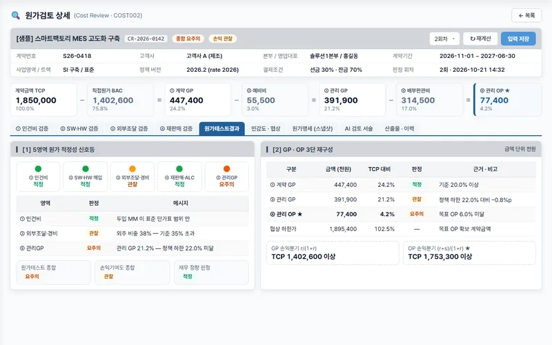 원가검토 판정 화면 (샘플 데이터)